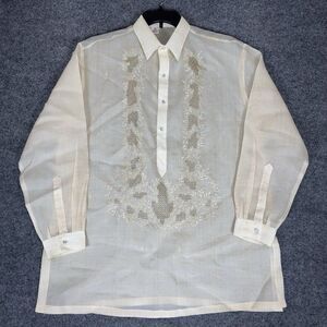 Barong Tagalog Filipino Shirt Mens XL Beige Raw Silk Long Sleeve‎ Embroidered